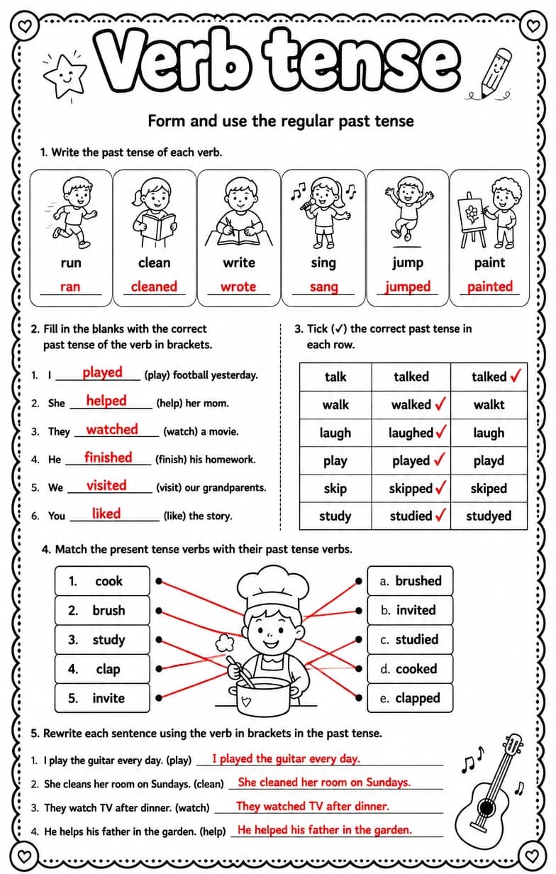 Answer key for Form and use the regular past tense — free printable English & Reading worksheet