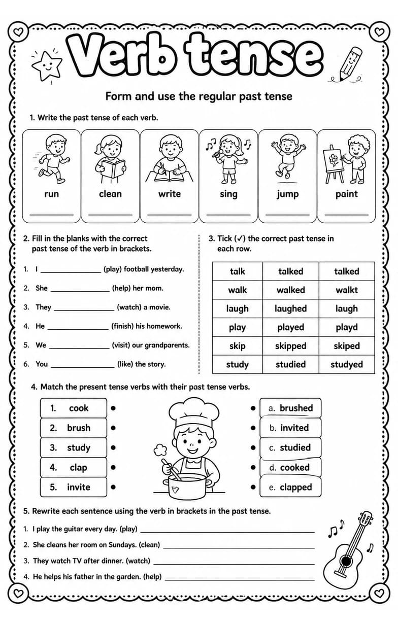 Form and use the regular past tense — free printable Grade 4 English & Reading worksheet