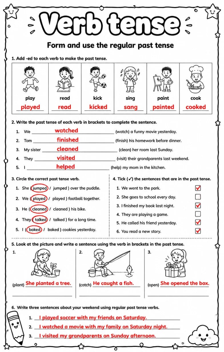 Answer key for Form and use the regular past tense — free printable English & Reading worksheet