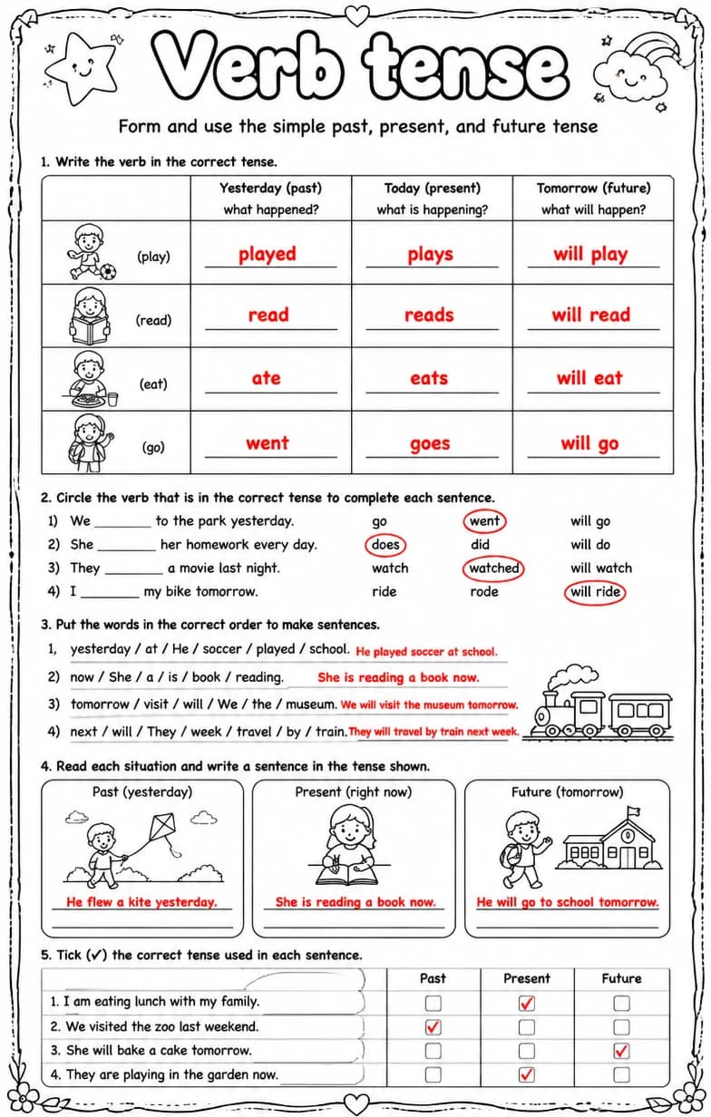 Answer key for Form and use the simple past, present, and future tense — free printable English & Reading worksheet