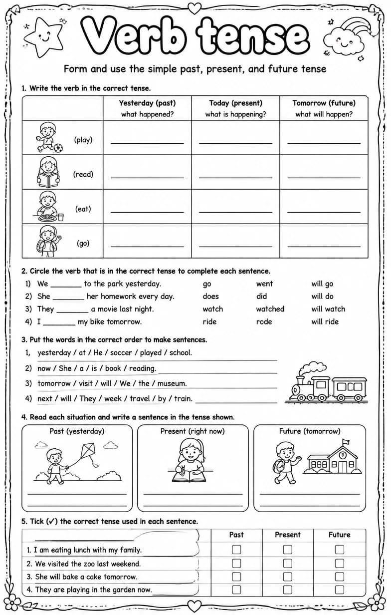 Form and use the simple past, present, and future tense — free printable Grammar and mechanics English worksheet