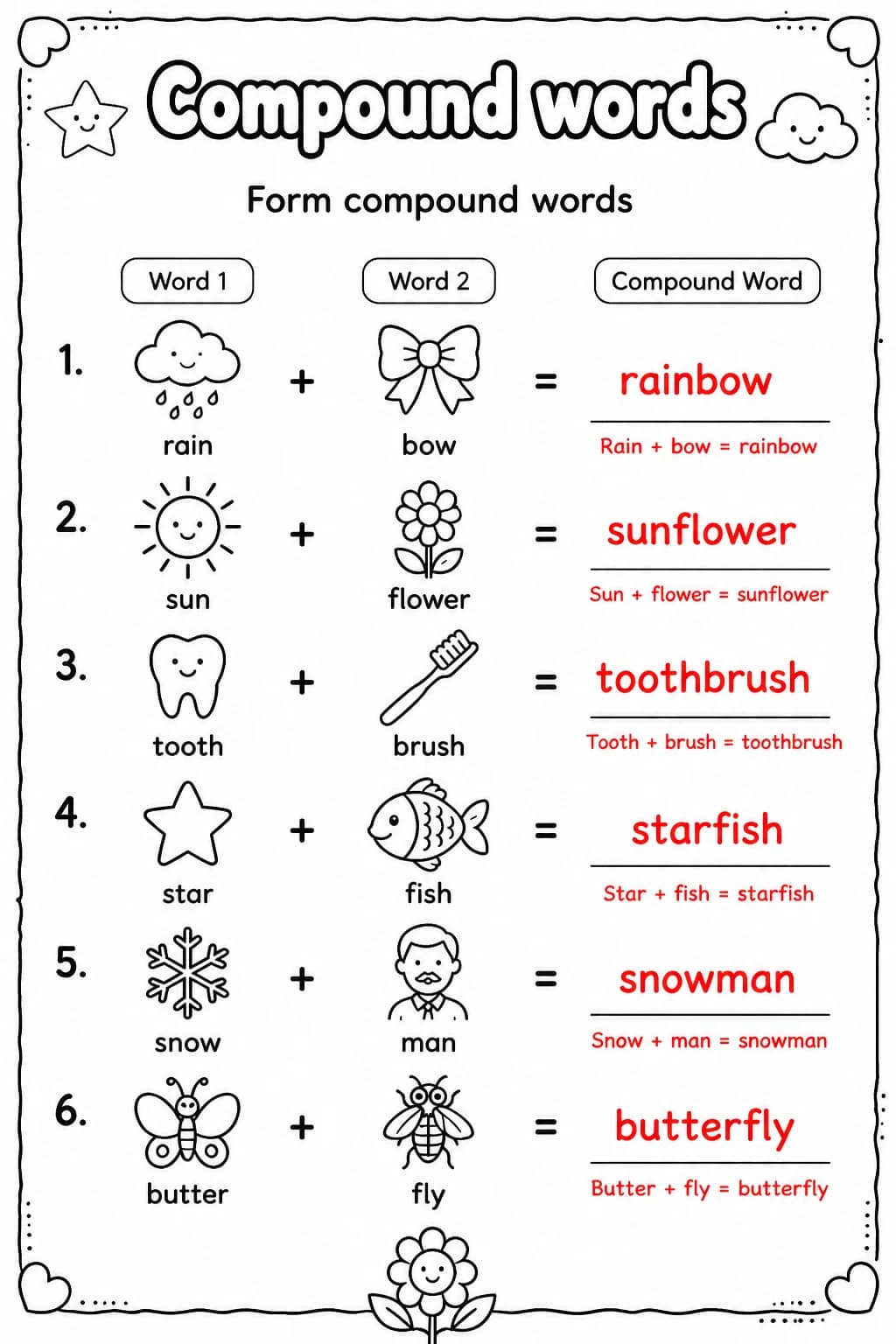 Answer key for Form compound words — free printable English & Reading worksheet