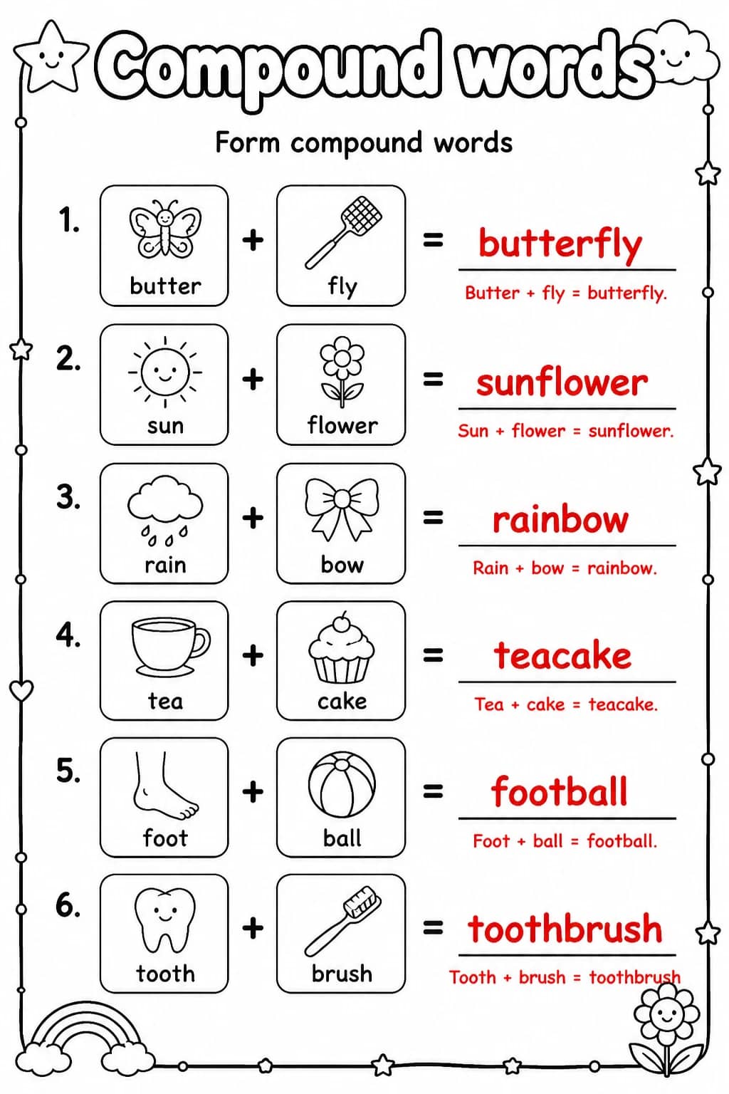Answer key for Form compound words — free printable English & Reading worksheet
