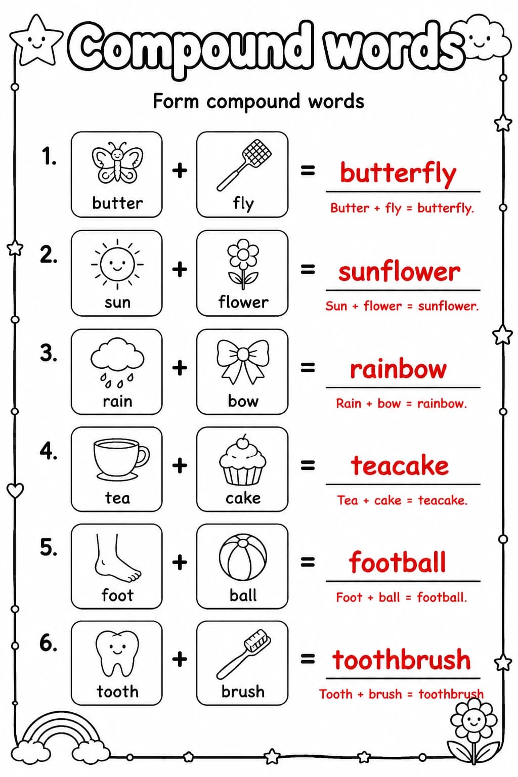 Answer key for Form compound words — free printable English & Reading worksheet