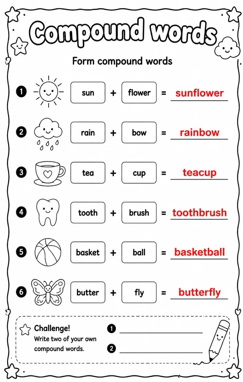 Answer key for Form compound words — free printable English & Reading worksheet