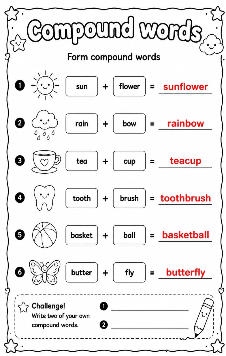 Answer key for Form compound words — free printable English & Reading worksheet