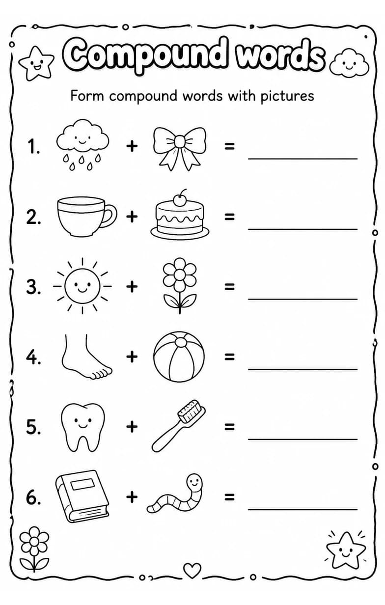 Form compound words with pictures — free printable Grade 2 English & Reading worksheet