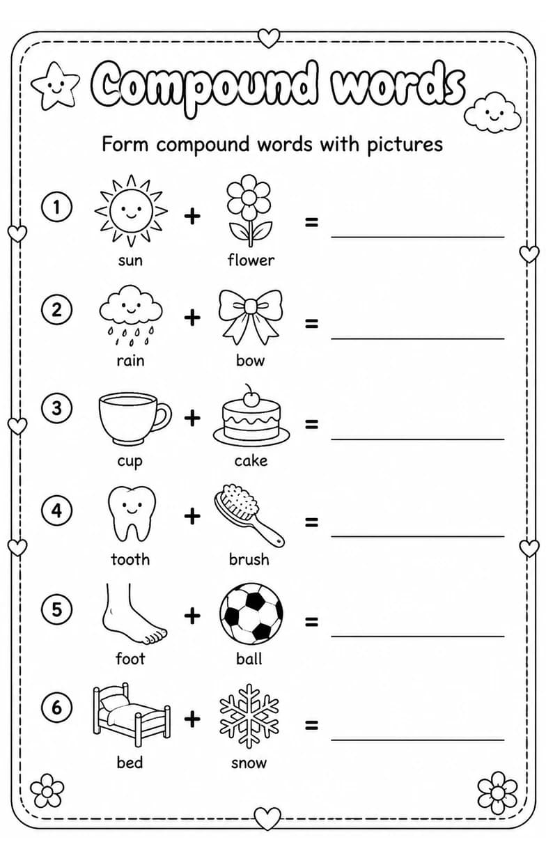 Form compound words with pictures — free printable Grade 3 English & Reading worksheet