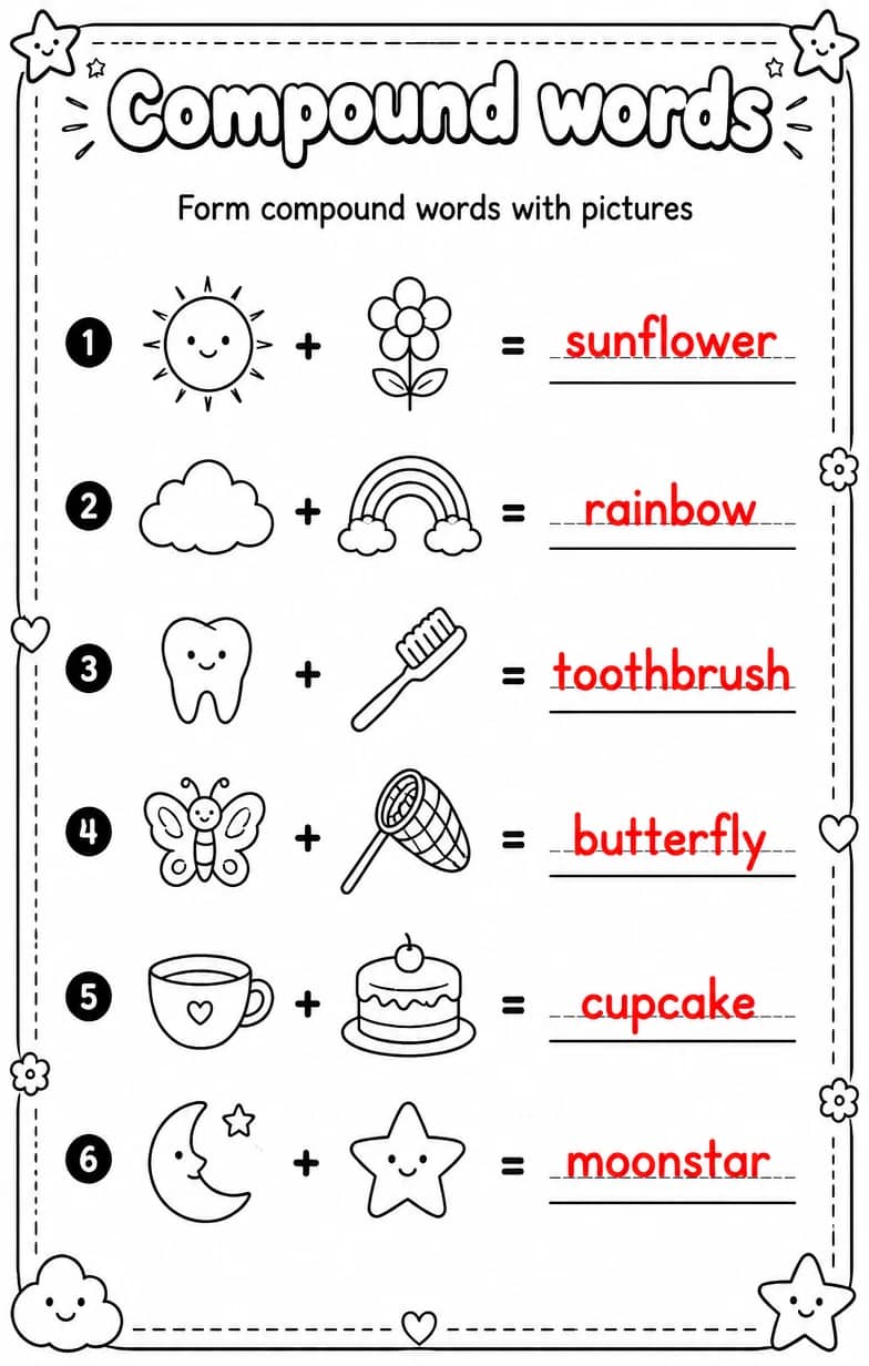 Answer key for Form compound words with pictures — free printable English & Reading worksheet