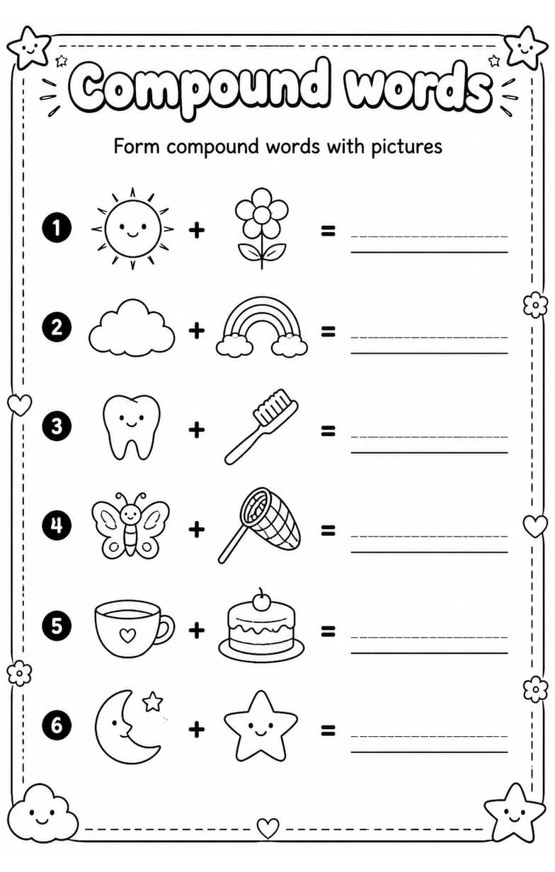 Form compound words with pictures — free printable Grade 4 English & Reading worksheet