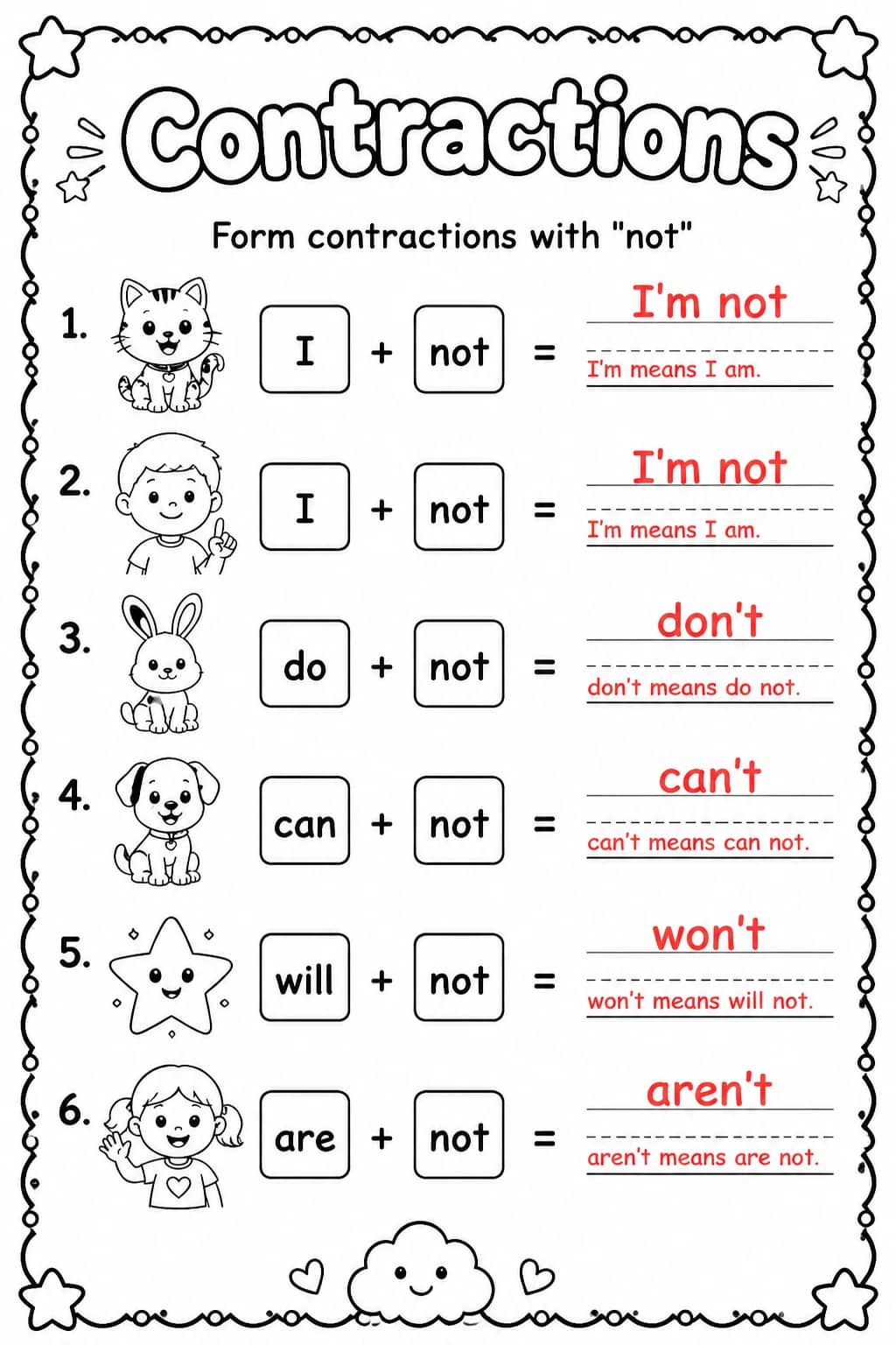 Answer key for Form contractions with "not" — free printable English & Reading worksheet