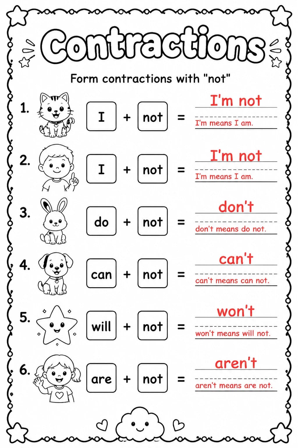 Answer key for Form contractions with "not" — free printable English & Reading worksheet