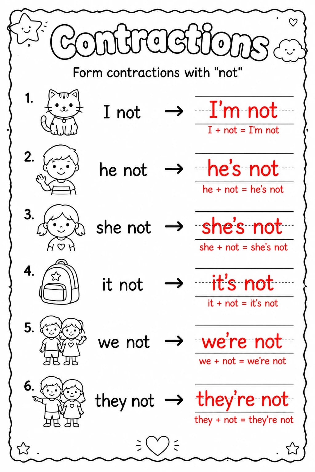 Answer key for Form contractions with "not" — free printable English & Reading worksheet
