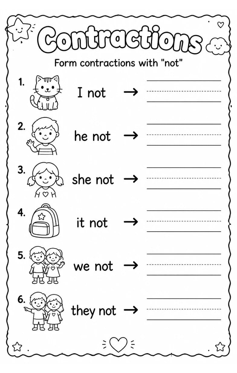 Form contractions with "not" — free printable Grade 2 English & Reading worksheet