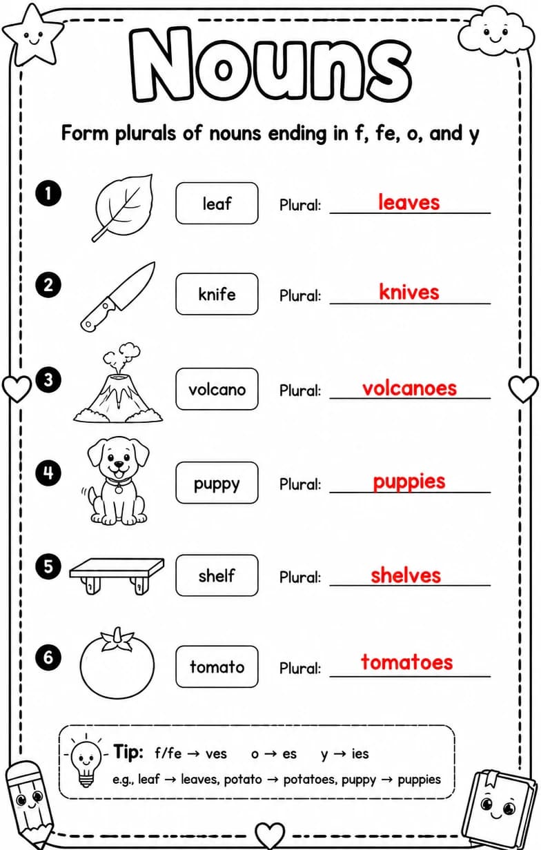 Answer key for Form plurals of nouns ending in f, fe, o, and y — free printable English & Reading worksheet