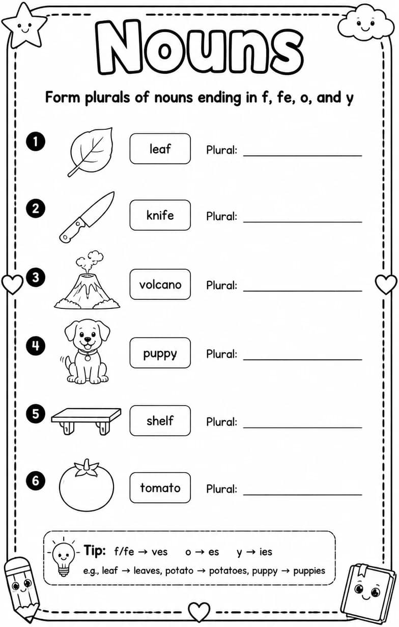 Form plurals of nouns ending in f, fe, o, and y — free printable Grammar and mechanics English worksheet