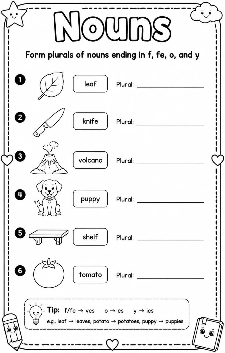 Form plurals of nouns ending in f, fe, o, and y — free printable Grade 5 English & Reading worksheet