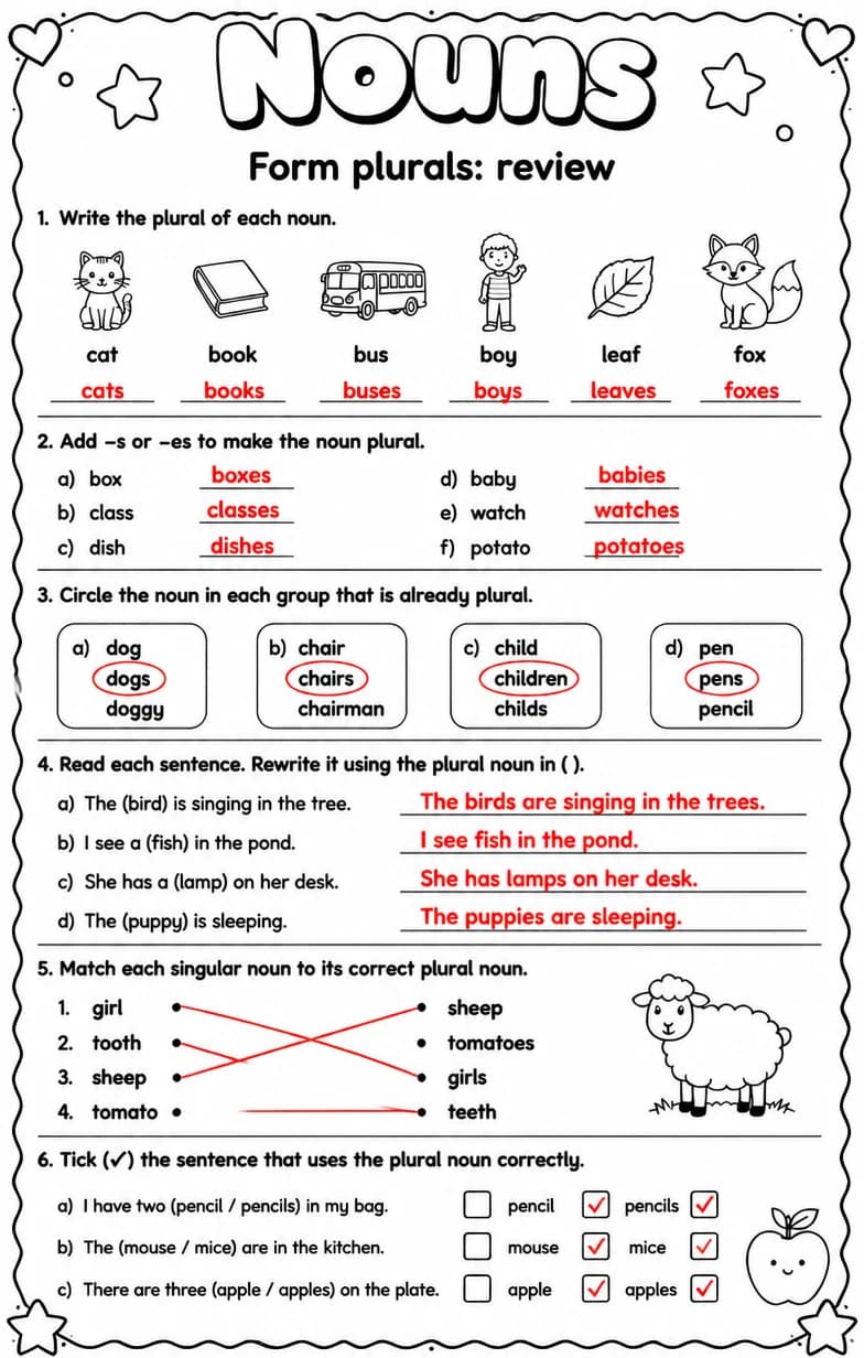 Answer key for Form plurals: review — free printable English & Reading worksheet