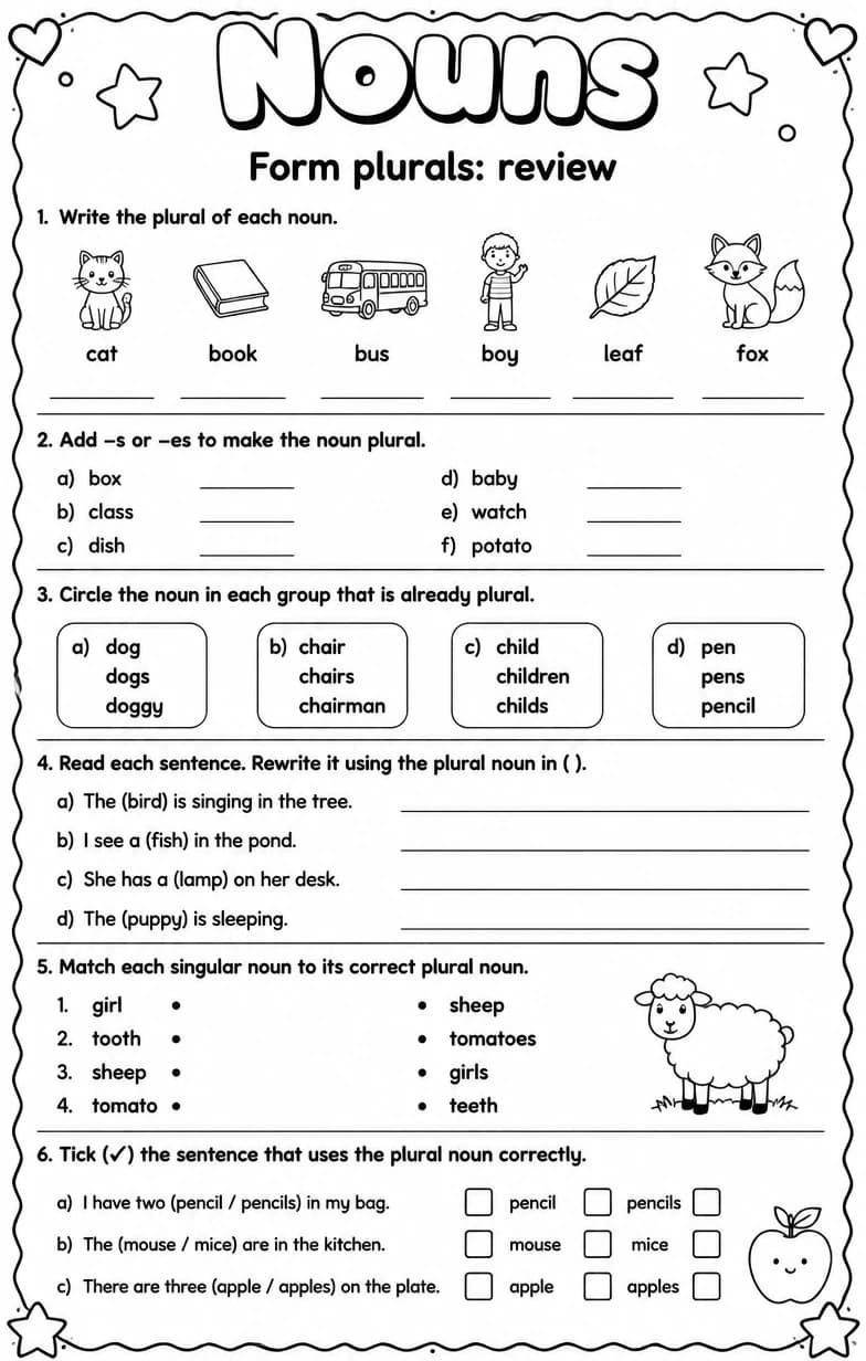 Form plurals: review — free printable Grade 5 English & Reading worksheet