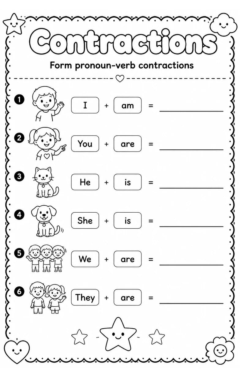 Form pronoun-verb contractions — free printable Grade 1 English & Reading worksheet