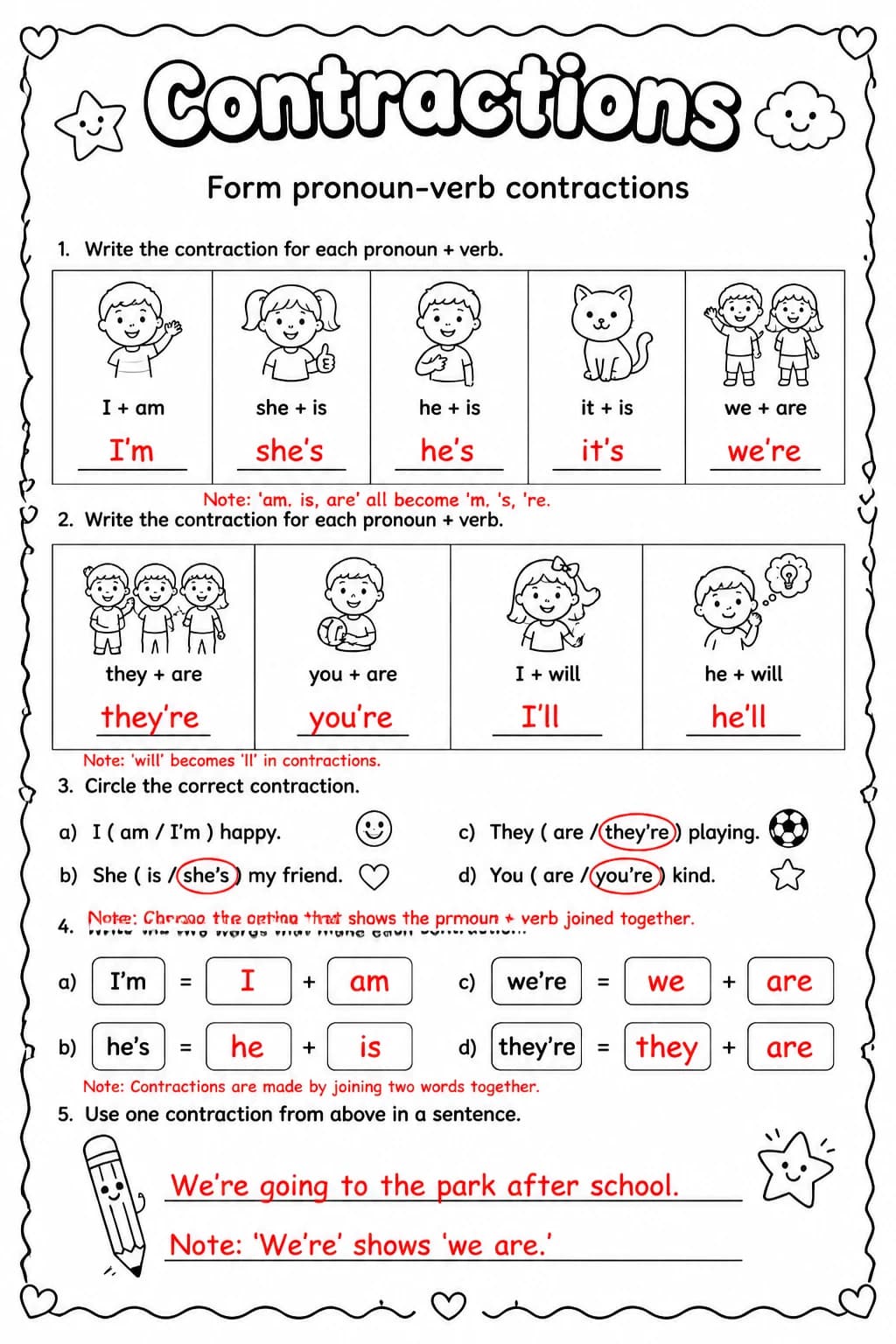 Answer key for Form pronoun-verb contractions — free printable English & Reading worksheet