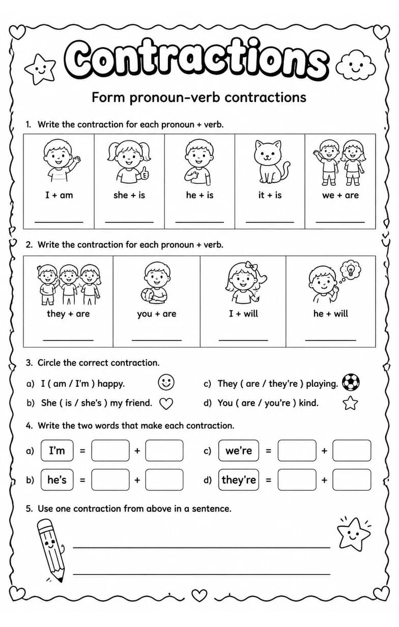 Form pronoun-verb contractions — free printable Grammar and mechanics English worksheet