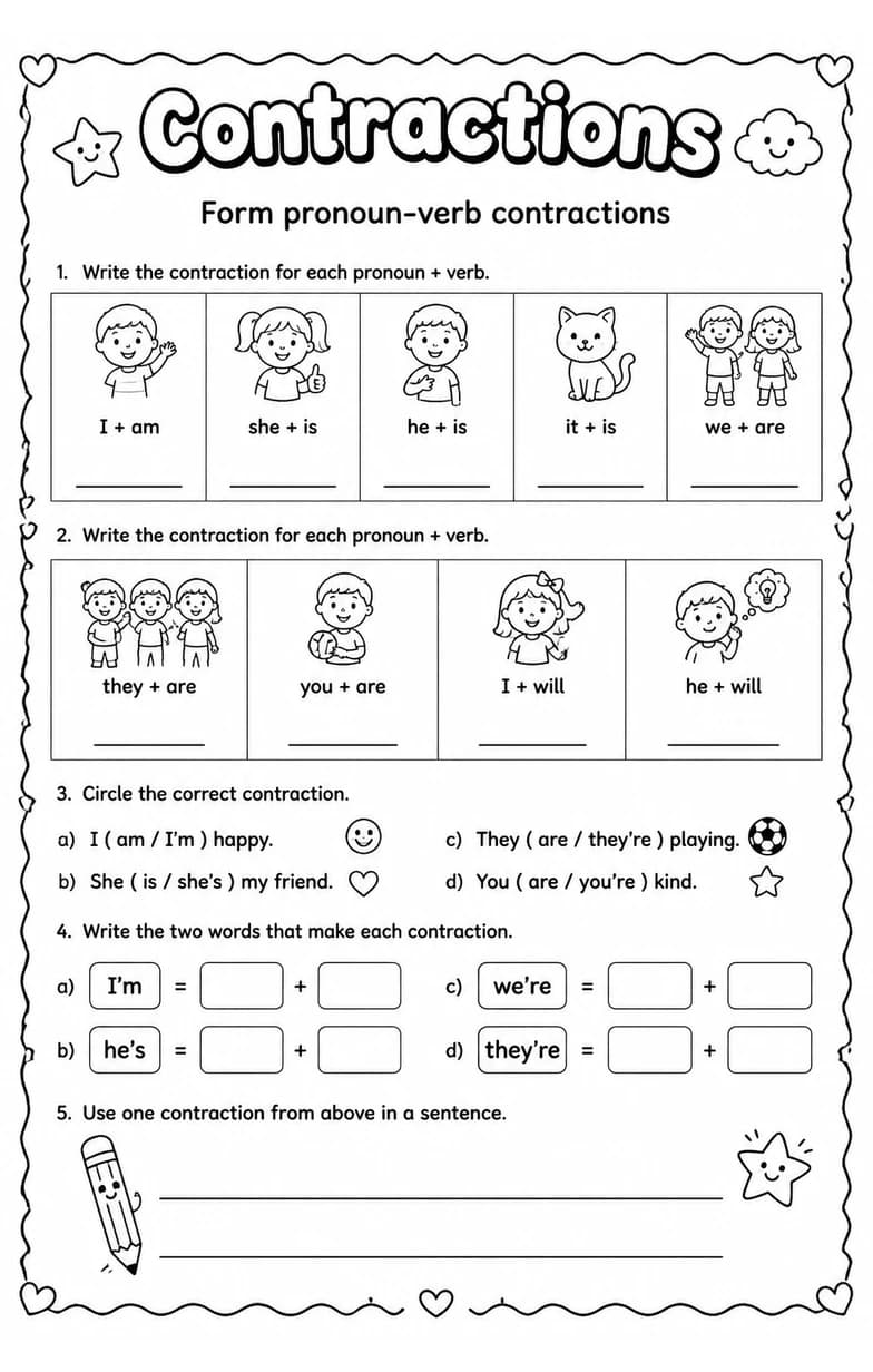 Form pronoun-verb contractions — free printable Grammar and mechanics English worksheet