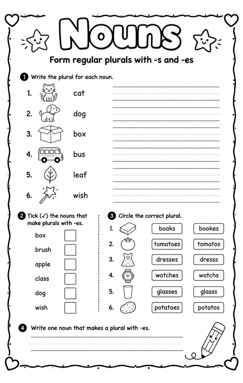 Form regular plurals with -s and -es — free printable Grade 1 English & Reading worksheet