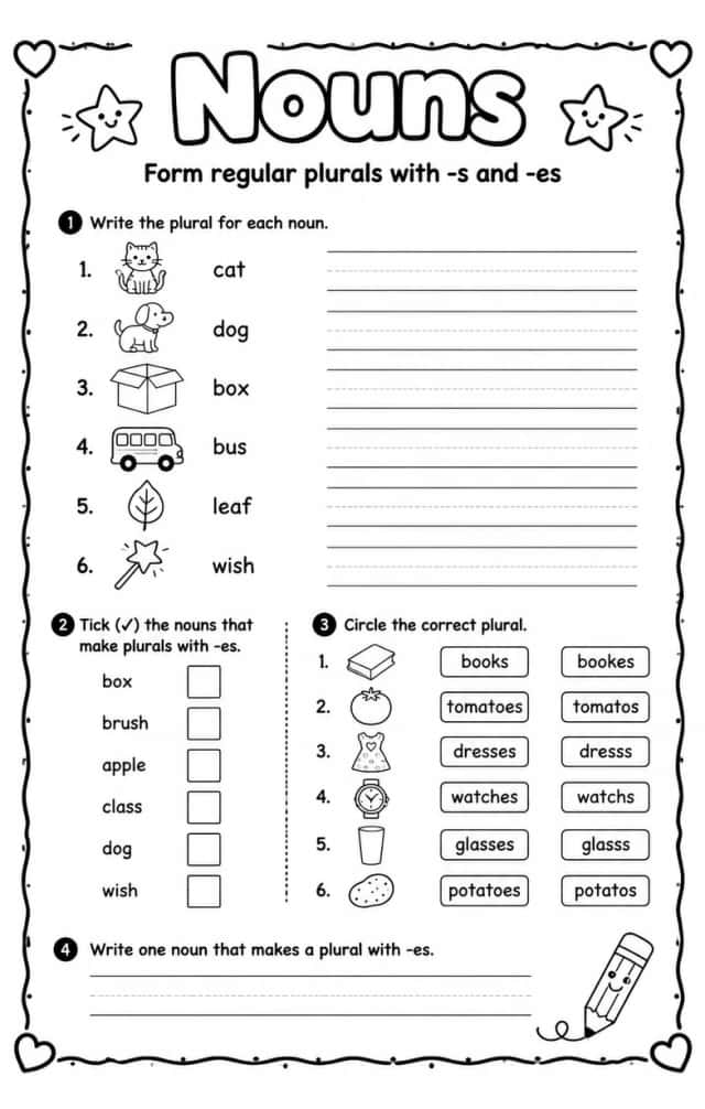 Form regular plurals with -s and -es