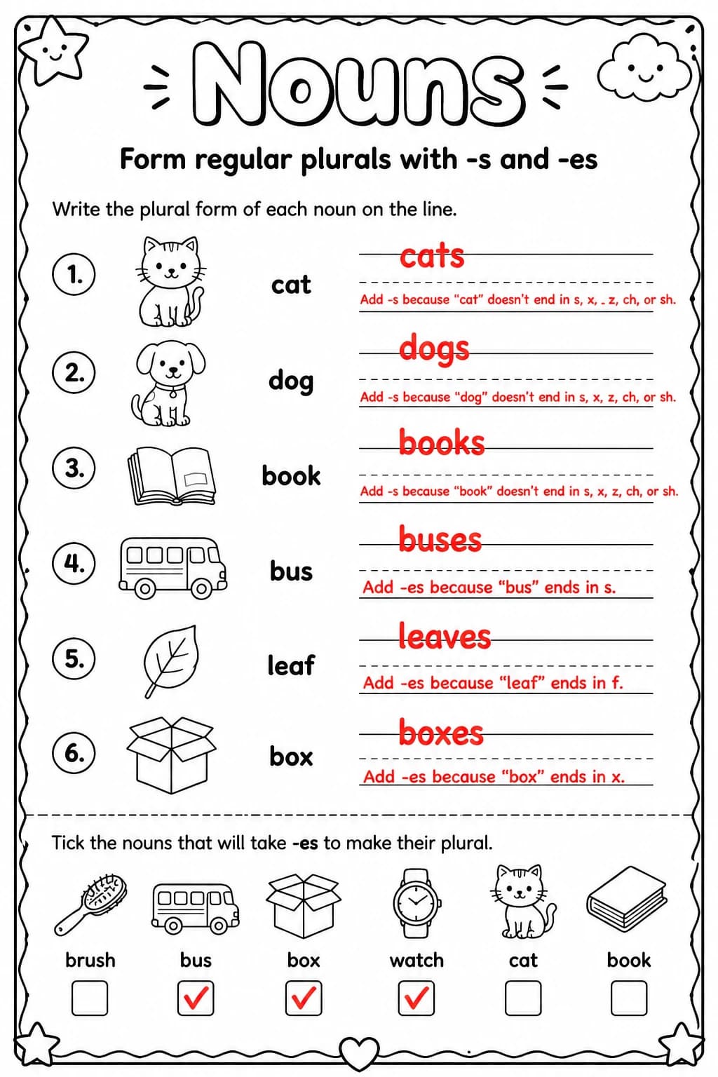 Answer key for Form regular plurals with -s and -es — free printable English & Reading worksheet