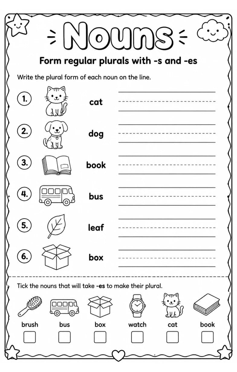 Form regular plurals with -s and -es — free printable Grade 2 English & Reading worksheet