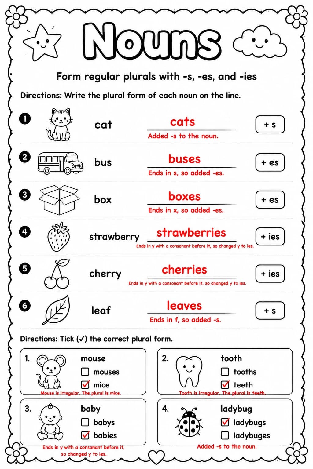 Answer key for Form regular plurals with -s, -es, and -ies — free printable English & Reading worksheet