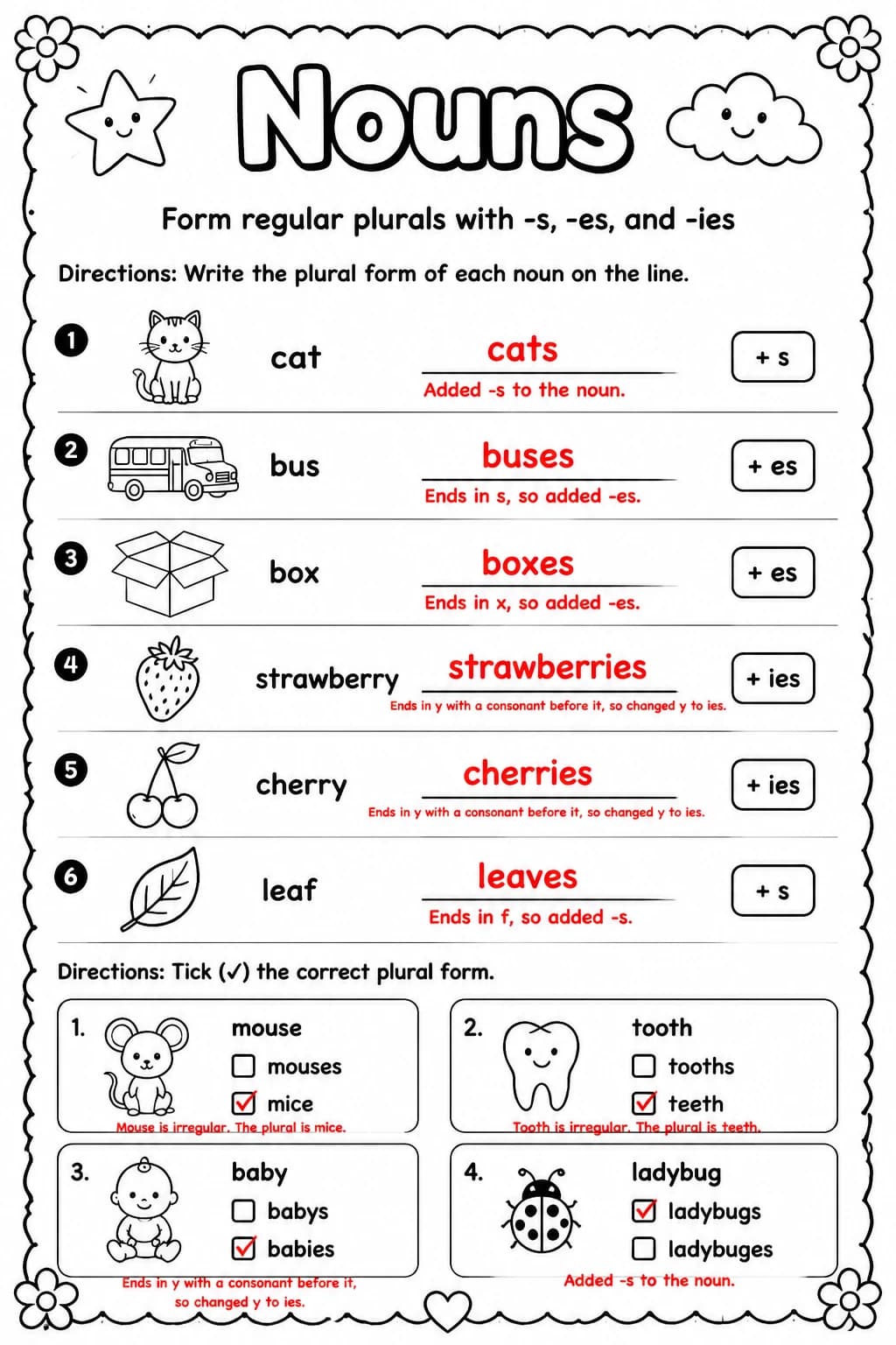 Answer key for Form regular plurals with -s, -es, and -ies — free printable English & Reading worksheet