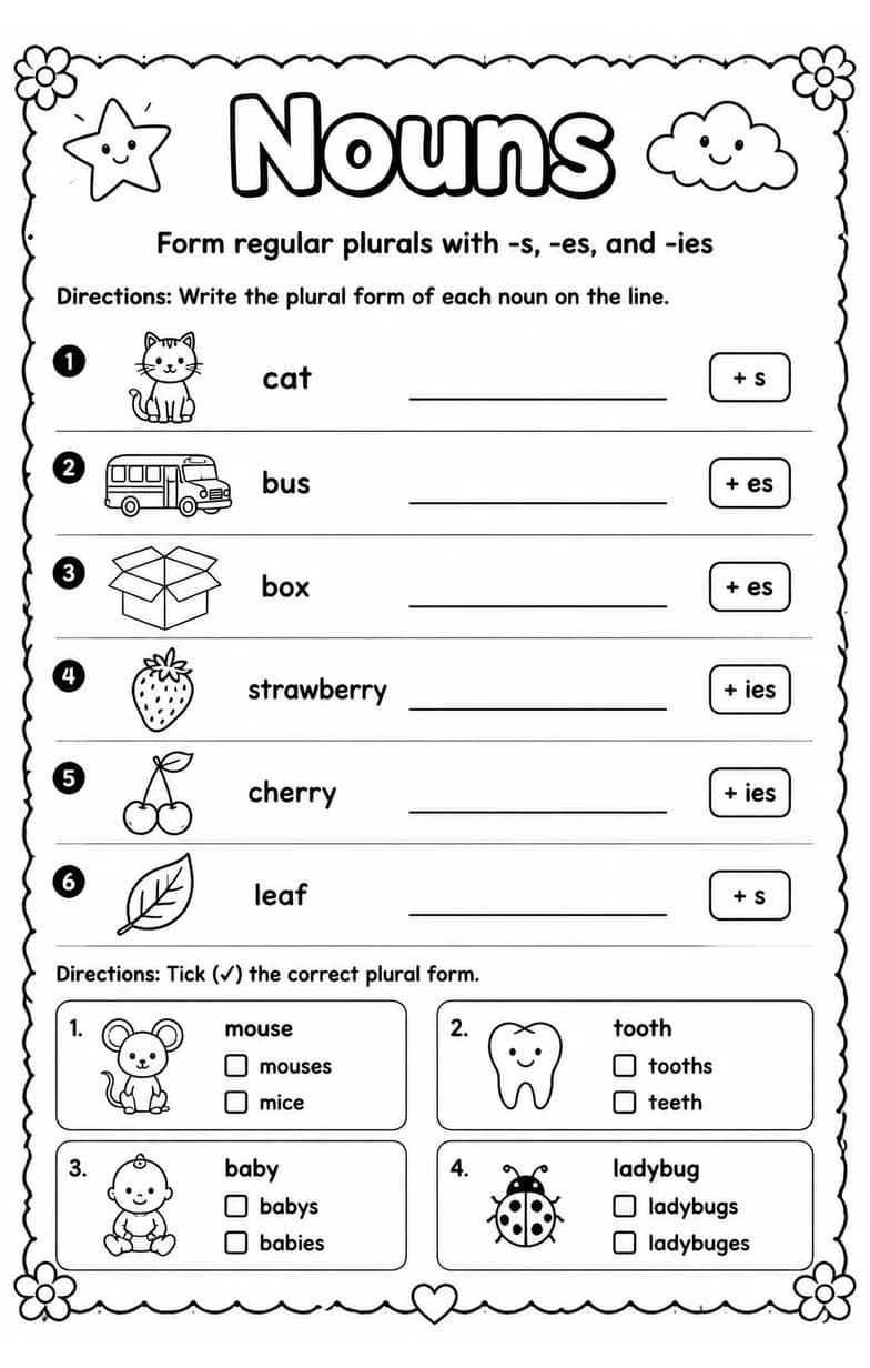 Form regular plurals with -s, -es, and -ies — free printable Grammar and mechanics English worksheet