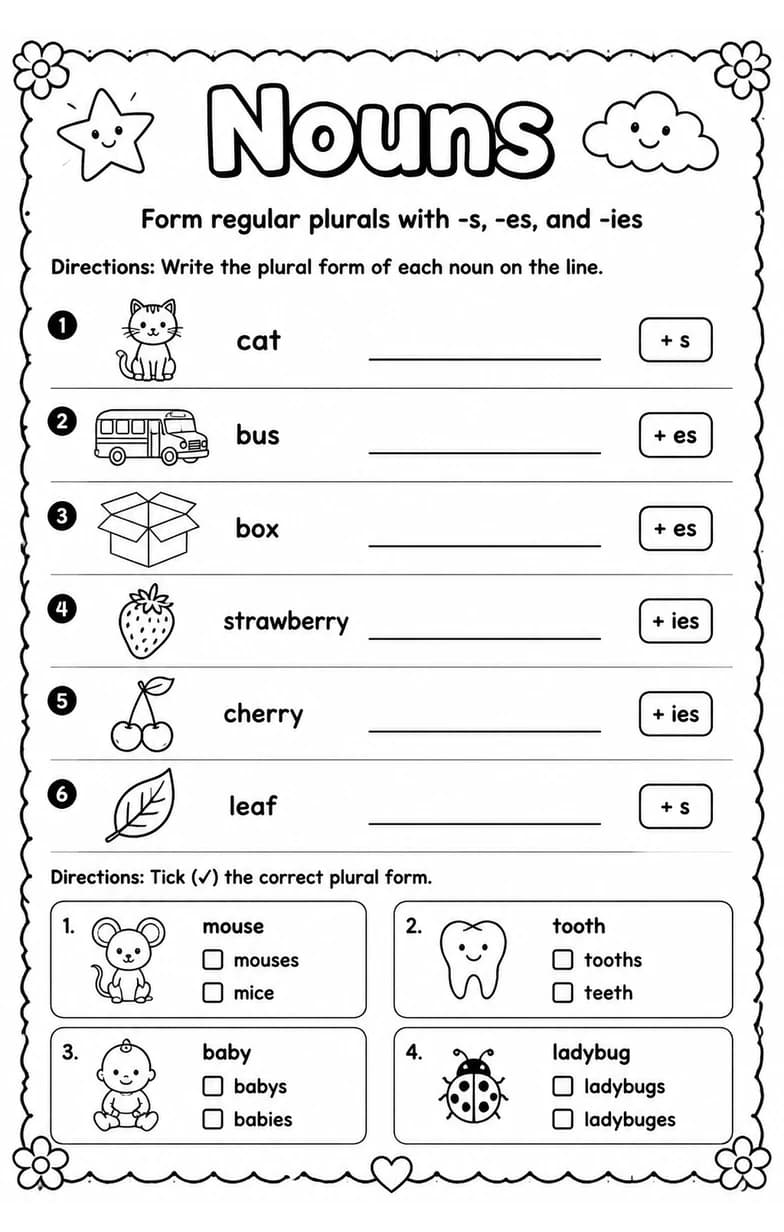 Form regular plurals with -s, -es, and -ies — free printable Grade 3 English & Reading worksheet