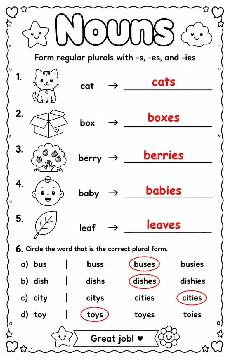 Answer key for Form regular plurals with -s, -es, and -ies — free printable English & Reading worksheet