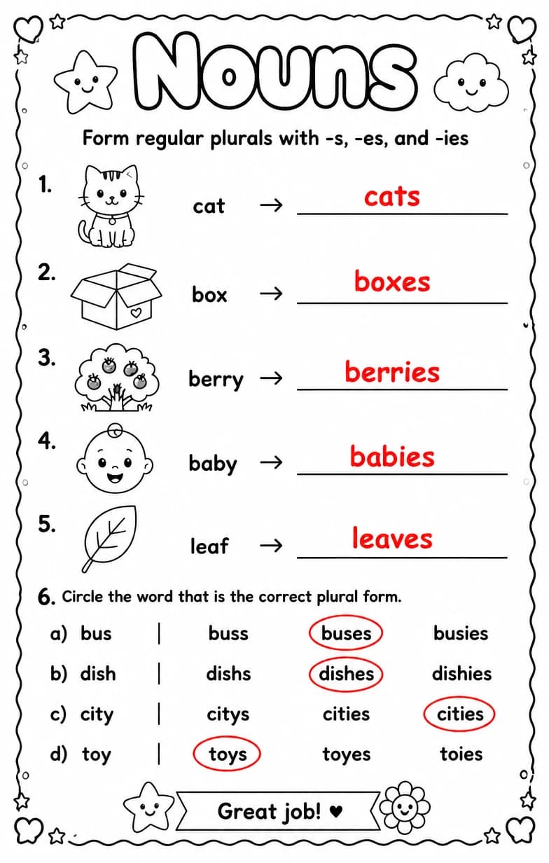 Answer key for Form regular plurals with -s, -es, and -ies — free printable English & Reading worksheet