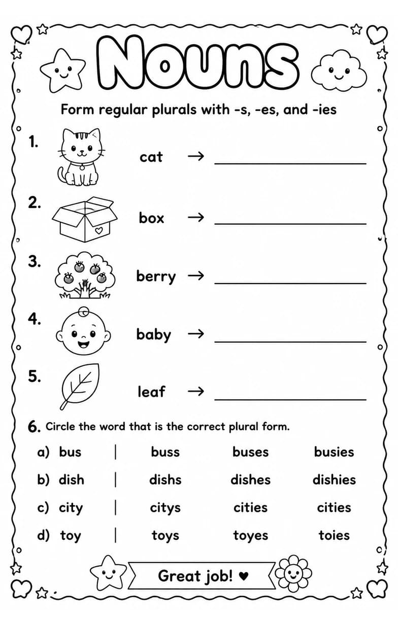 Form regular plurals with -s, -es, and -ies — free printable Grammar and mechanics English worksheet