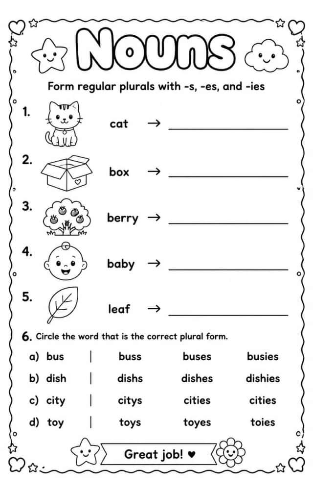 Form regular plurals with -s, -es, and -ies
