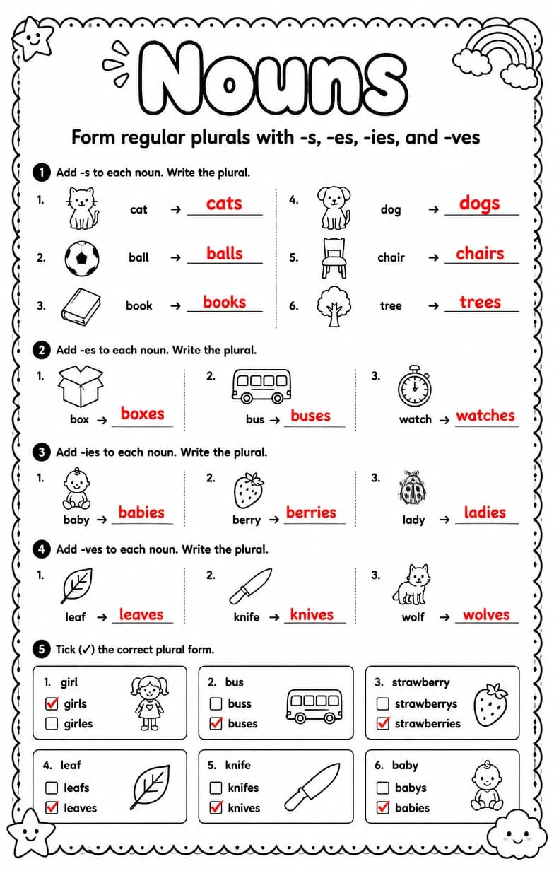 Answer key for Form regular plurals with -s, -es, -ies, and -ves — free printable English & Reading worksheet