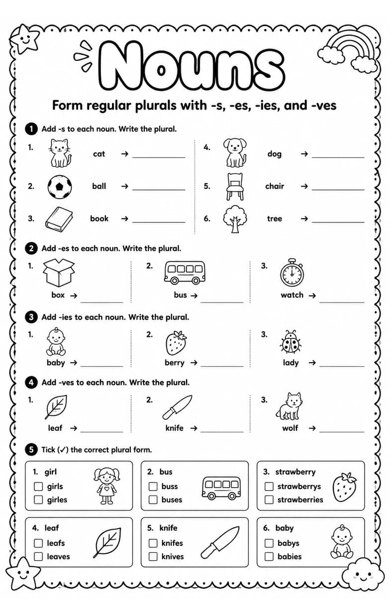 Form regular plurals with -s, -es, -ies, and -ves — free printable Grade 4 English & Reading worksheet