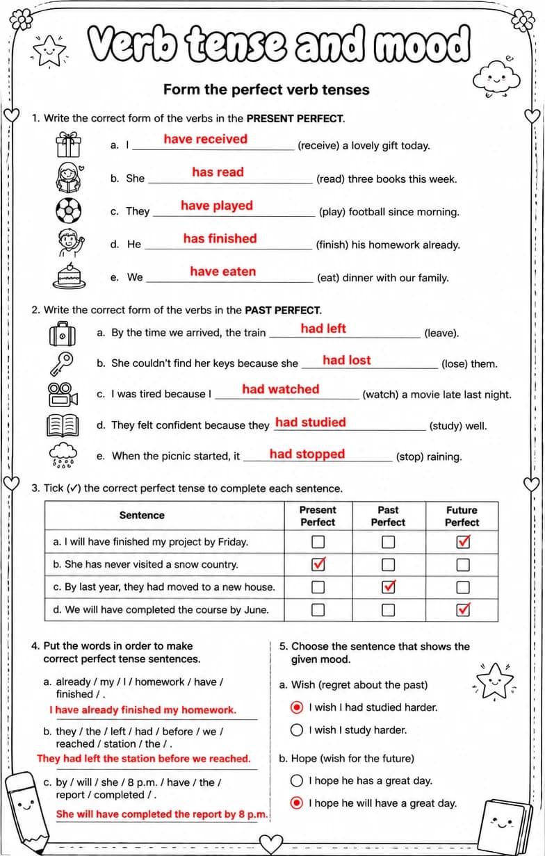 Answer key for Form the perfect verb tenses — free printable English & Reading worksheet