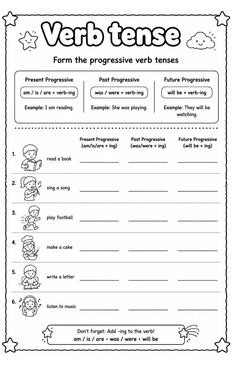 Form the progressive verb tenses — free printable Grammar and mechanics English worksheet