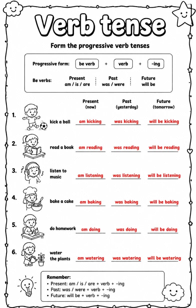 Answer key for Form the progressive verb tenses — free printable English & Reading worksheet