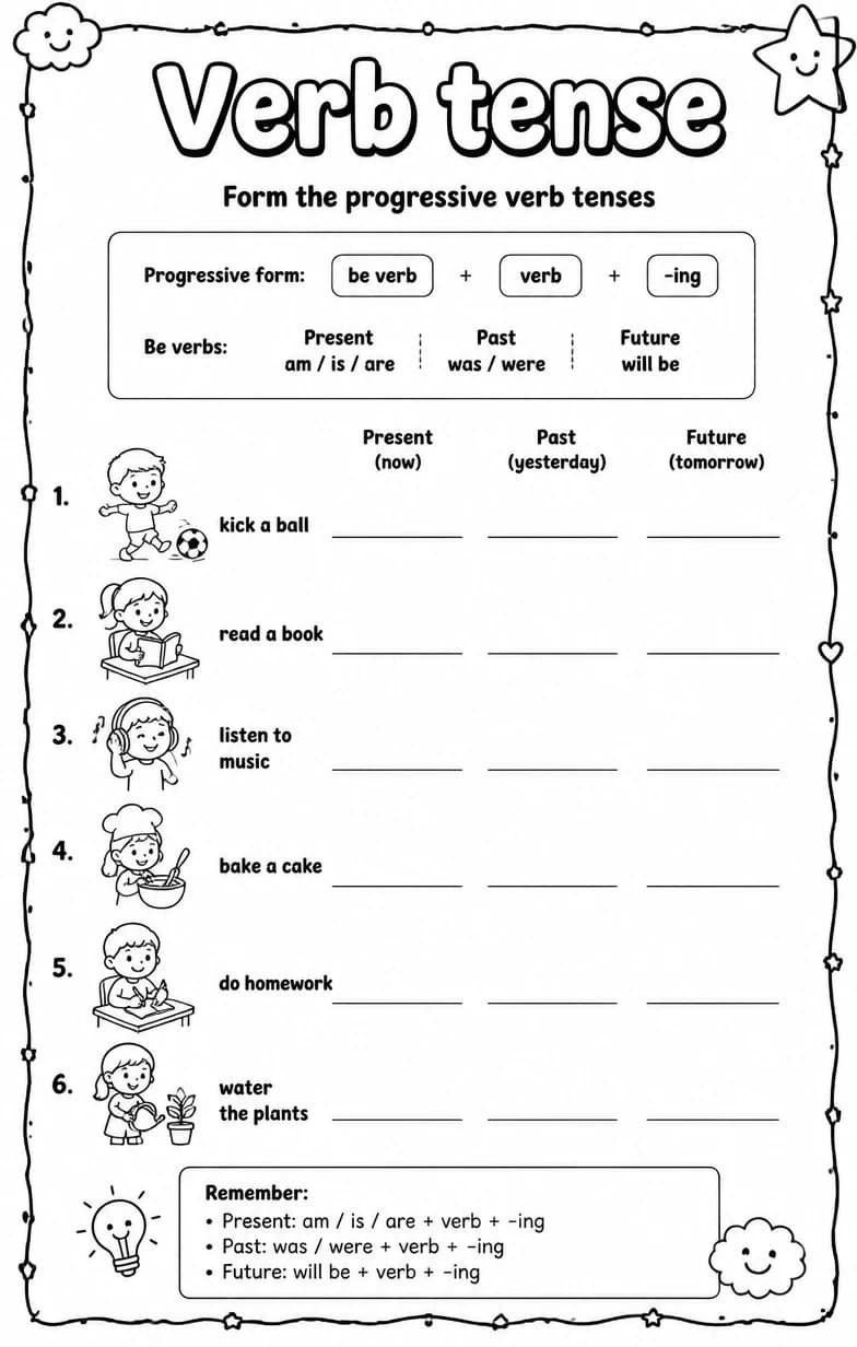 Form the progressive verb tenses — free printable Grade 5 English & Reading worksheet
