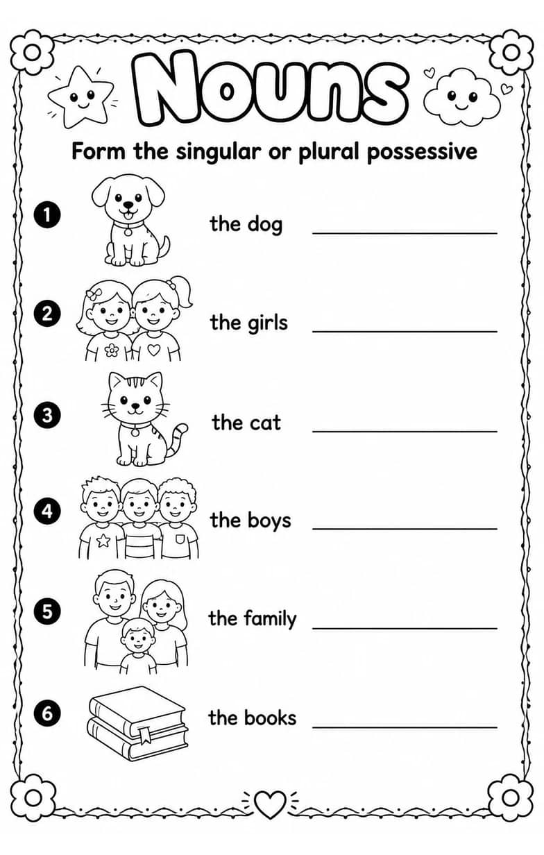 Form the singular or plural possessive — free printable Grammar and mechanics English worksheet