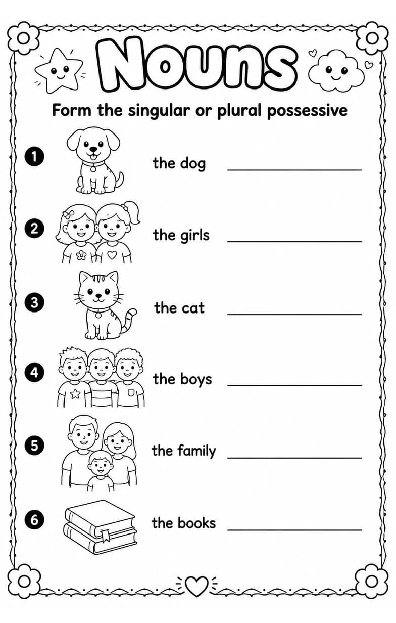 Form the singular or plural possessive — free printable Grade 2 English & Reading worksheet