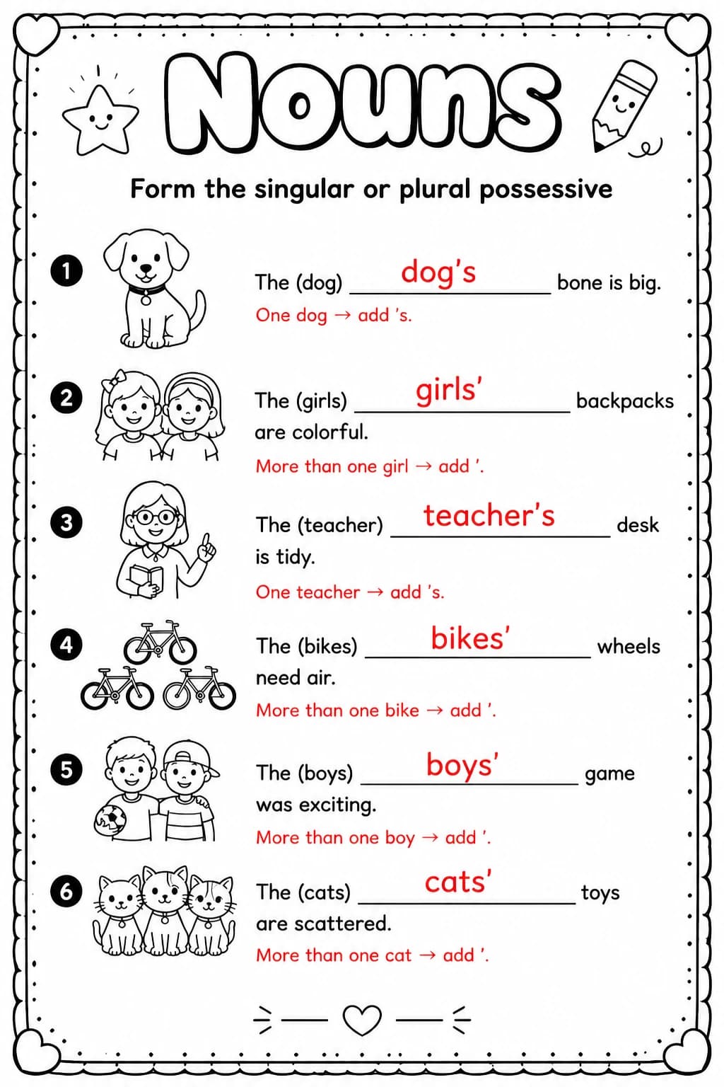 Answer key for Form the singular or plural possessive — free printable English & Reading worksheet