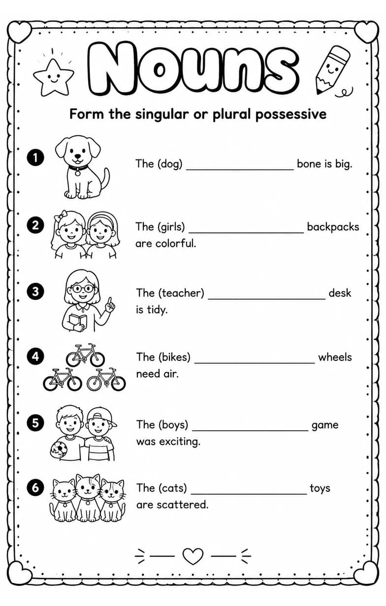 Form the singular or plural possessive — free printable Grade 3 English & Reading worksheet