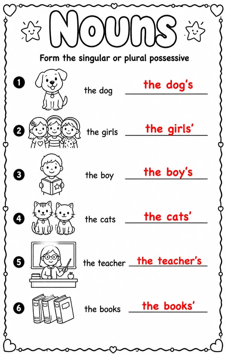 Answer key for Form the singular or plural possessive — free printable English & Reading worksheet
